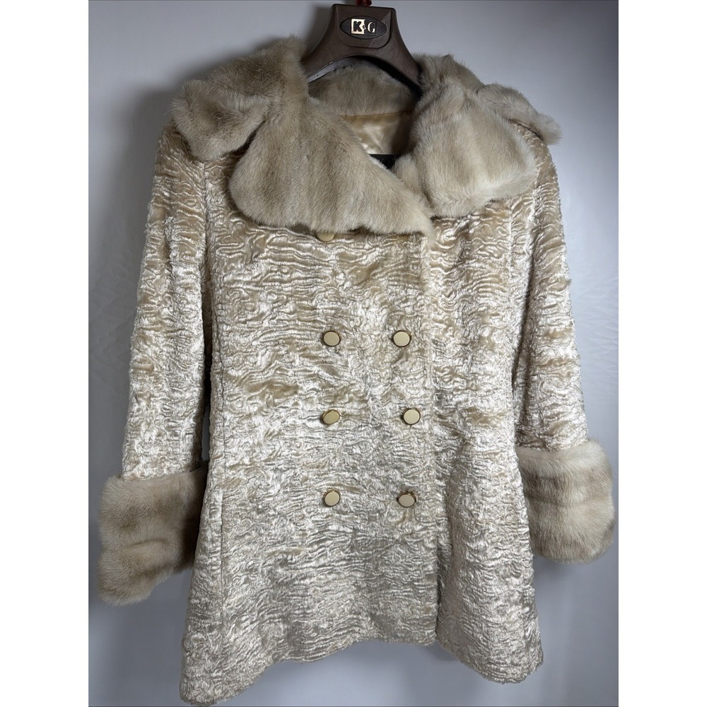 Aristocrat Women's Vintage Wool Blend‎ Fur Trim Coat Ivory Tan Short Sm/med 60's